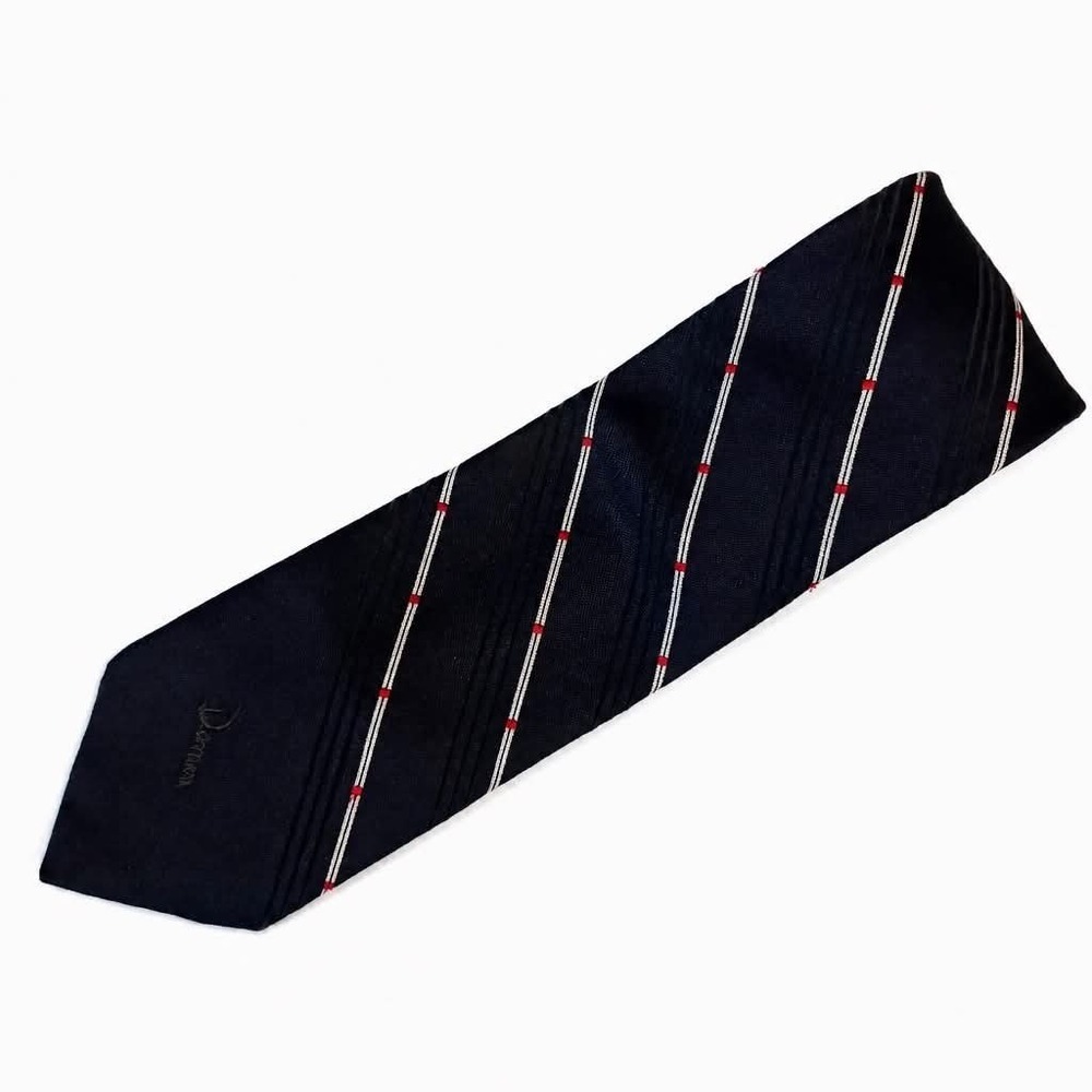 Vintage Damon Mens Tie Navy Blue White Red Striped Signature Monogram Polyester